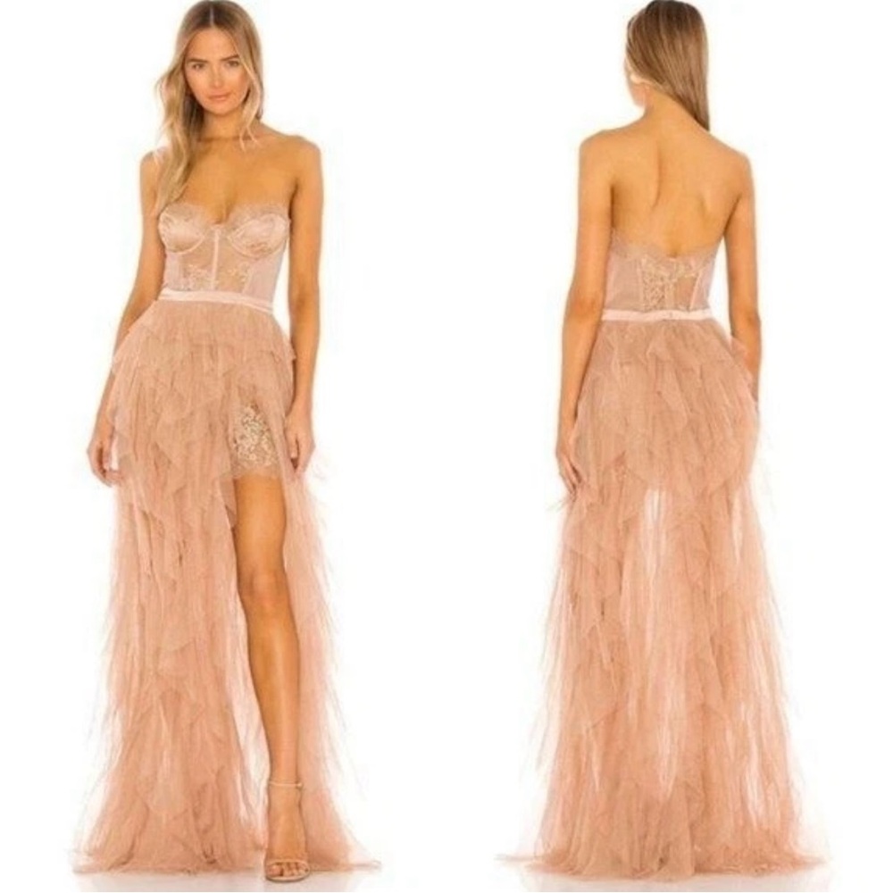 For Love And Lemons Tan Sweetheart Slit Gown
